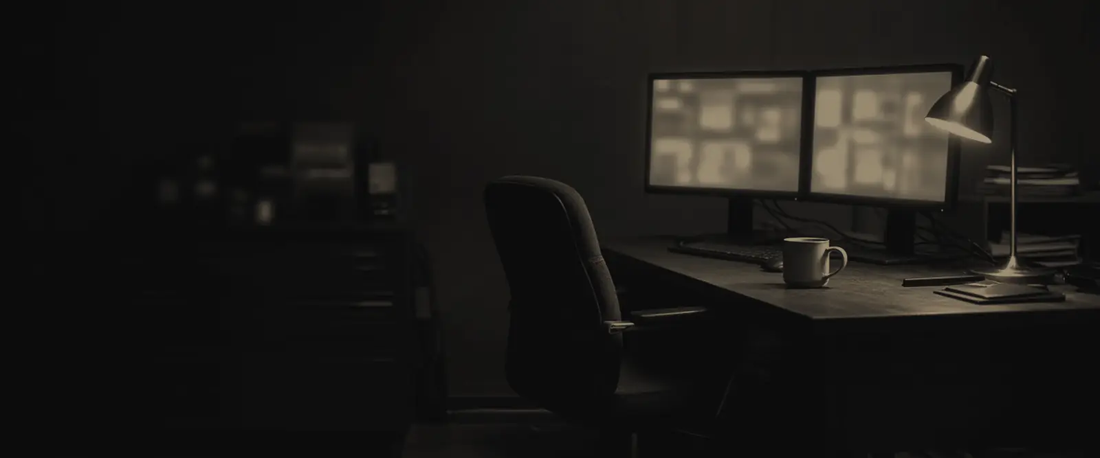 An empty office desk at night, two monitors still glowing beside a coffee mug under a warm desk lamp.