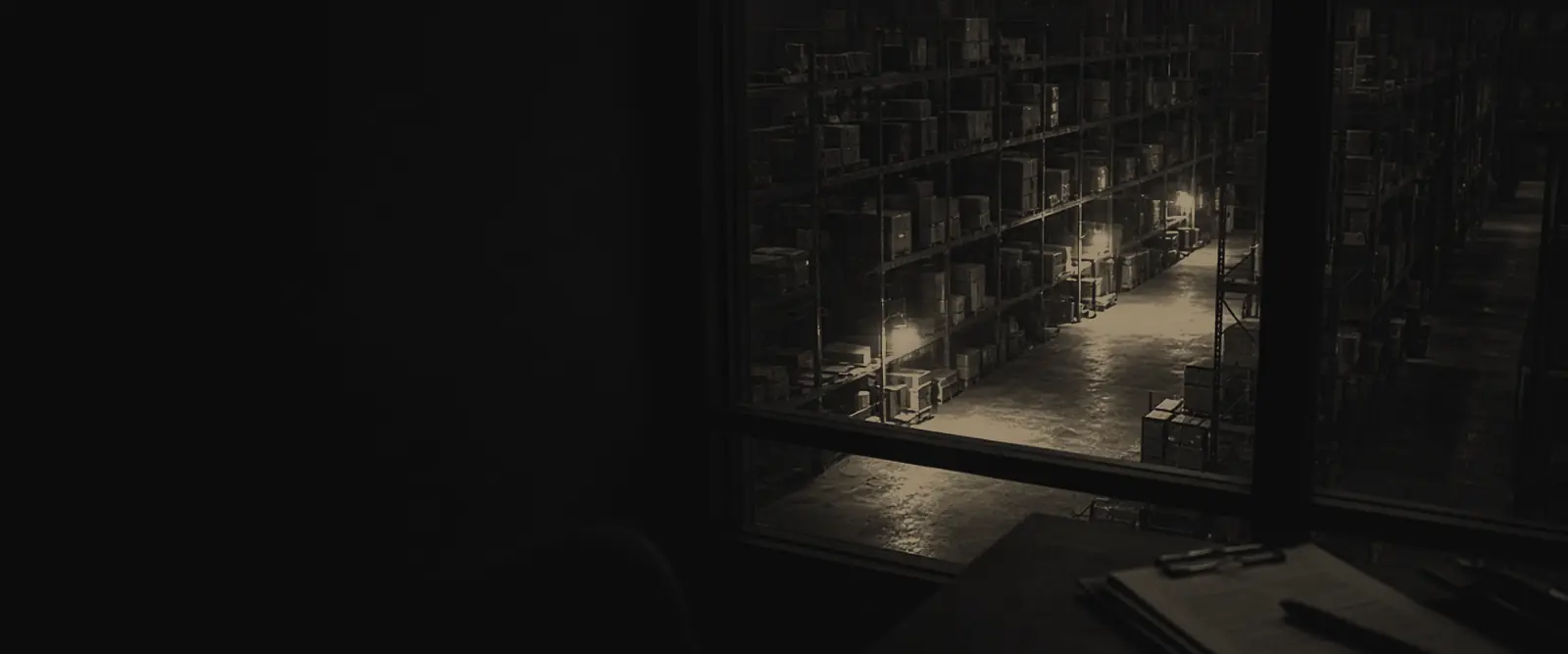 A dark office window looking down onto a warehouse floor at night, rows of shelving lit by a few warm work lights.