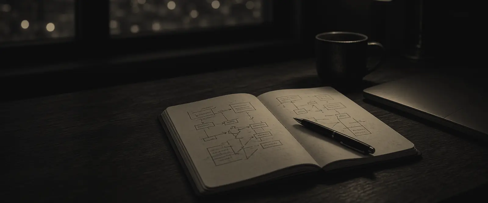 A dark desk at night with a monitor showing a map of connected points, and a mug in the foreground.
