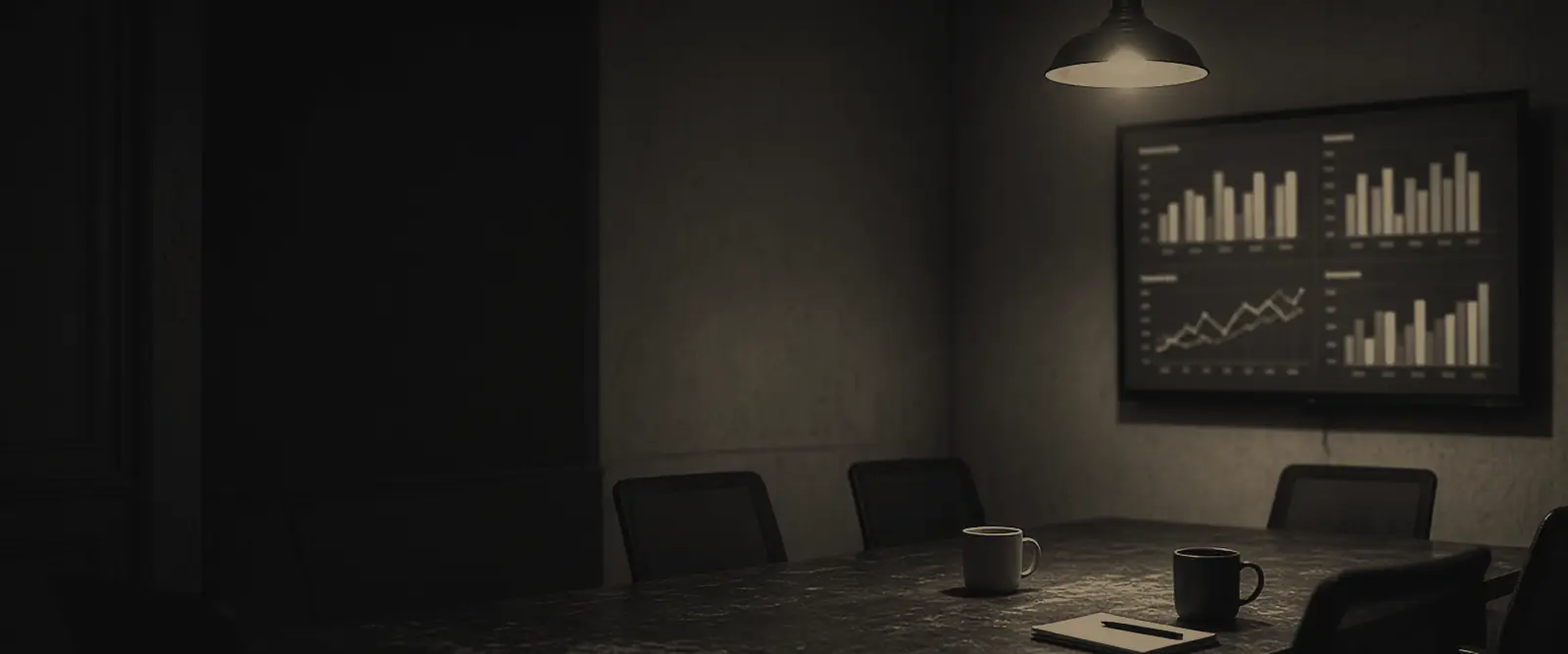 An empty meeting room in low light, a wall screen showing simple bar and line charts above a table with coffee cups.