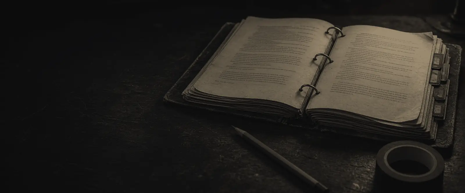 An open leather binder on a dark desk under a lamp, holding a single page with a checklist of blank boxes, a pen resting across it.